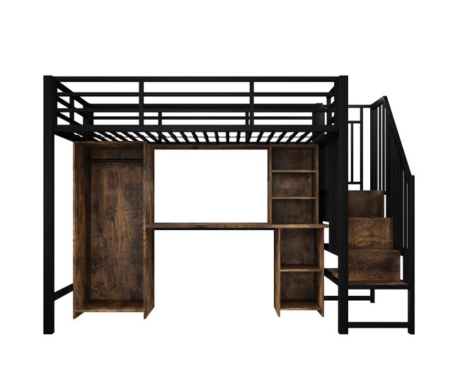 Cama alta 90x200 cm - estrutura de ferro, armário, secretária e escada com arrumação - preto