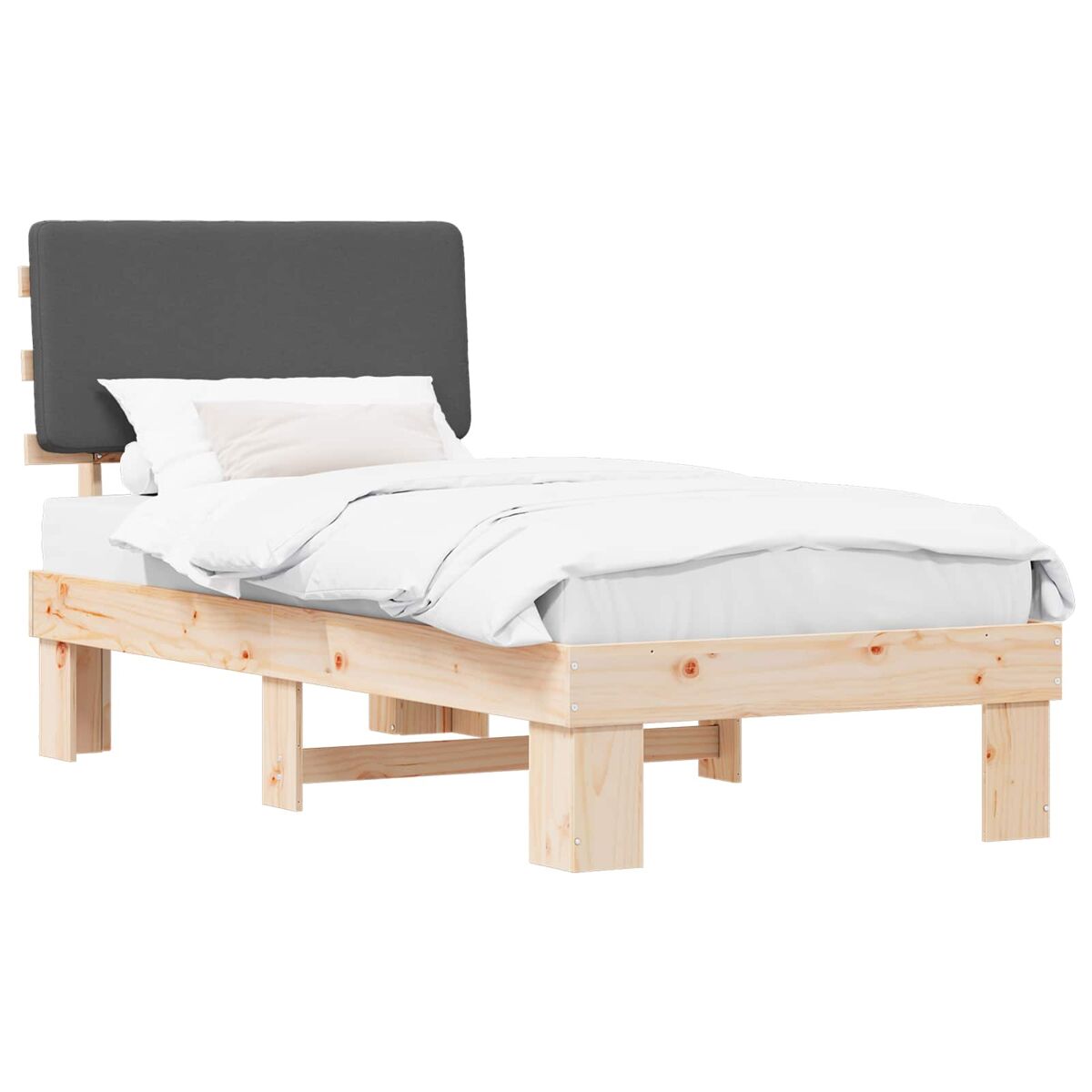 Estrutura de cama de solteiro para adultos com cabeceira estofada cinza escuro