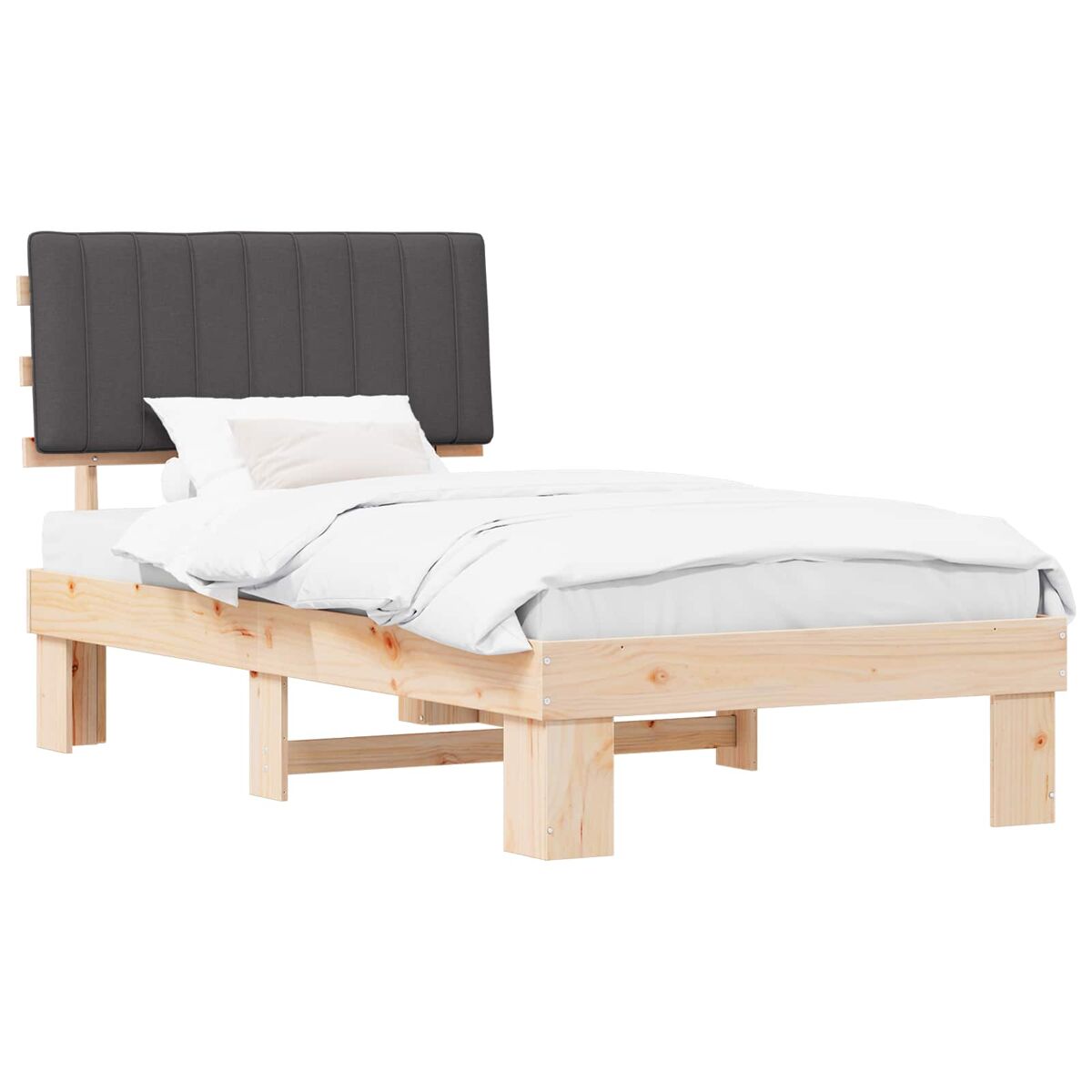 Estrutura de cama de solteiro para adultos com cabeceira estofada cinza escuro