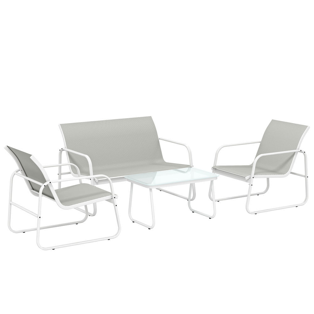 Outsunny conjunto de jardim exterior de 4 peças, móveis de jardim com sofá de 2 lugares, 2 poltronas, mesa de vidro temperado, tecido textilene