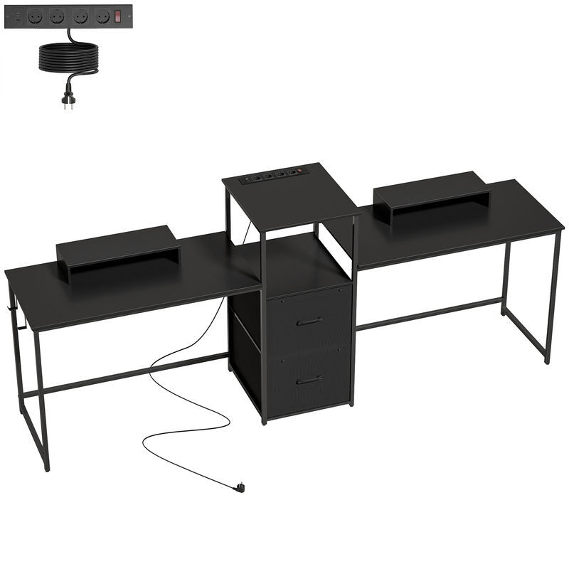 Homcom mesa gaming dupla secretária extralonga de 244 cm mesa gamer com estação de carga portos usb suportes para monitor gavetas de tecido e ganchos