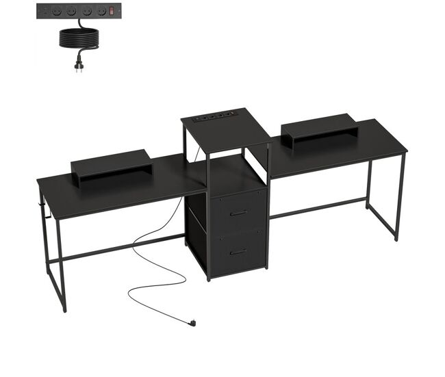 Homcom mesa gaming dupla secretária extralonga de 244 cm mesa gamer com estação de carga portos usb suportes para monitor gavetas de tecido e ganchos
