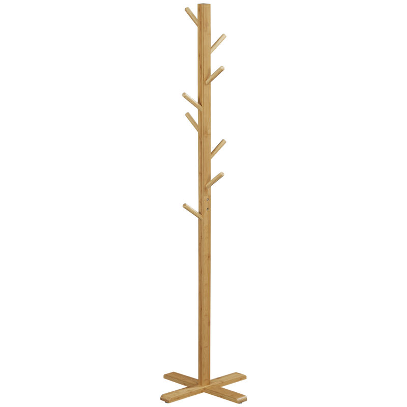 Homcom cabide de pé em bambu com 8 ganchos para pendurar bolsas e chapéus no corredor entrada quarto 49,5x49,5x178 cm madeira