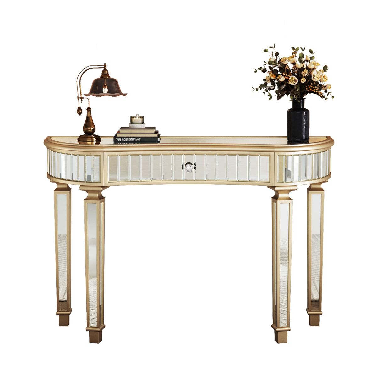 Mesa consola 120 cm - meia-lua com espelho, gaveta de vidro e vidro canelado - ouro + prata