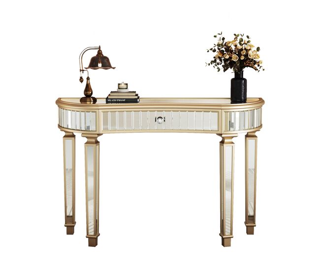 Mesa consola 120 cm - meia-lua com espelho, gaveta de vidro e vidro canelado - ouro + prata