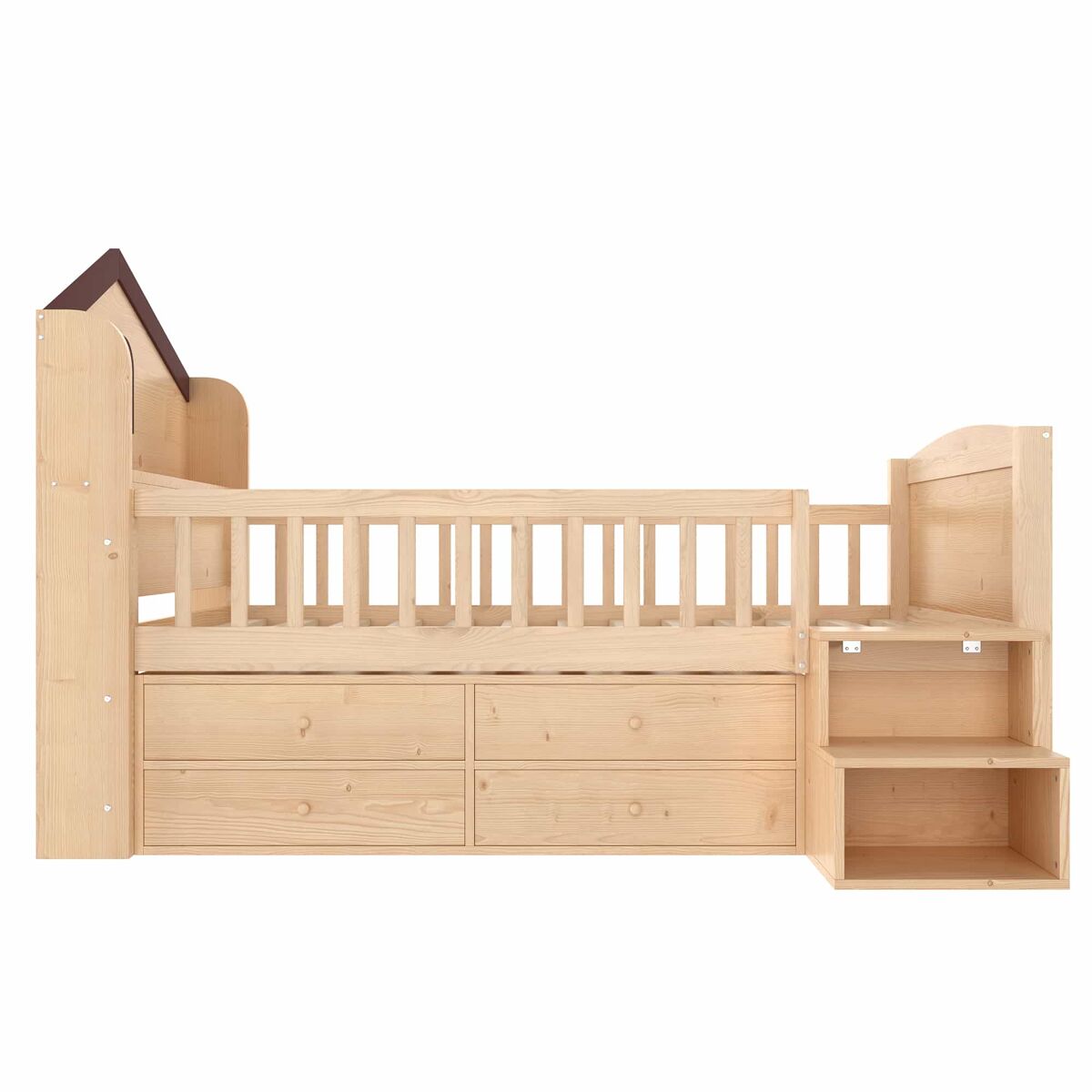 Cama infantil semi-alta tipo casa 90x200 cm - janelas, 4 gavetas, luz led, escada com arrumação, sem colchão - natural