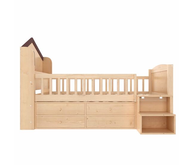 Cama infantil semi-alta tipo casa 90x200 cm - janelas, 4 gavetas, luz led, escada com arrumação, sem colchão - natural
