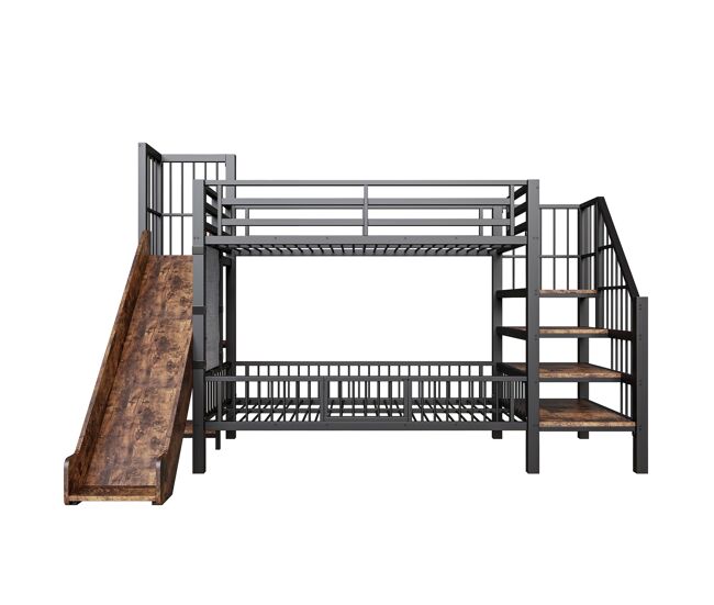 Cama alta infantil metálica 90x200 - com escorregador e escada de armazenamento - preta