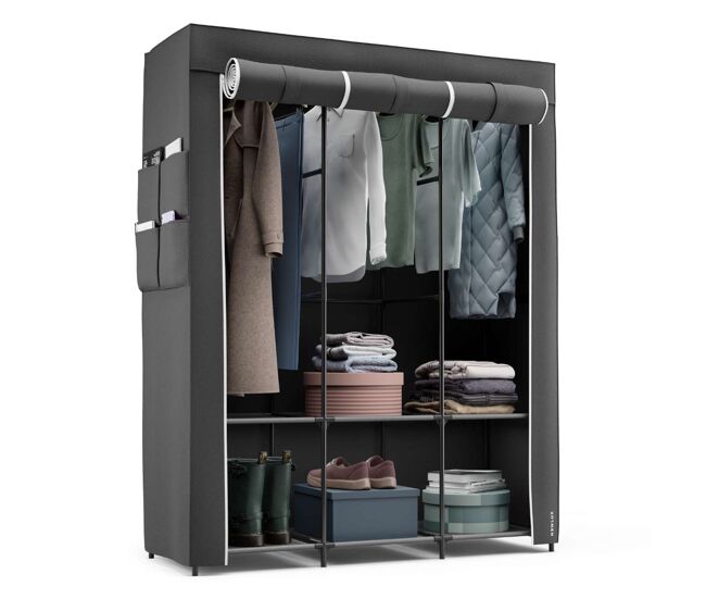 Roupeiro de tecido canvas v130 newlux 3 barras para roupa comprida, prateleiras e bolsos negro