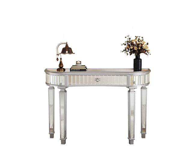 Mesa consola meia-lua 120 cm - luxo, espelho canelado, gaveta com puxador de vidro - cinza/prata