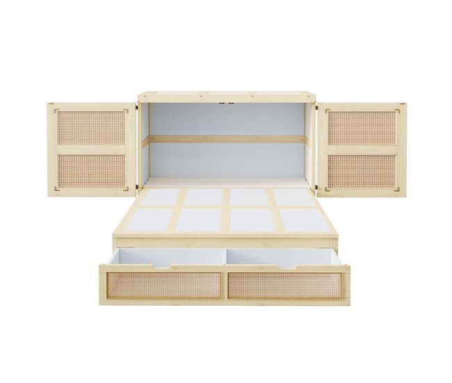 Cama rebatível 140 x 200 cm - com estrado, gavetas de arrumação, design em rattan - madeira