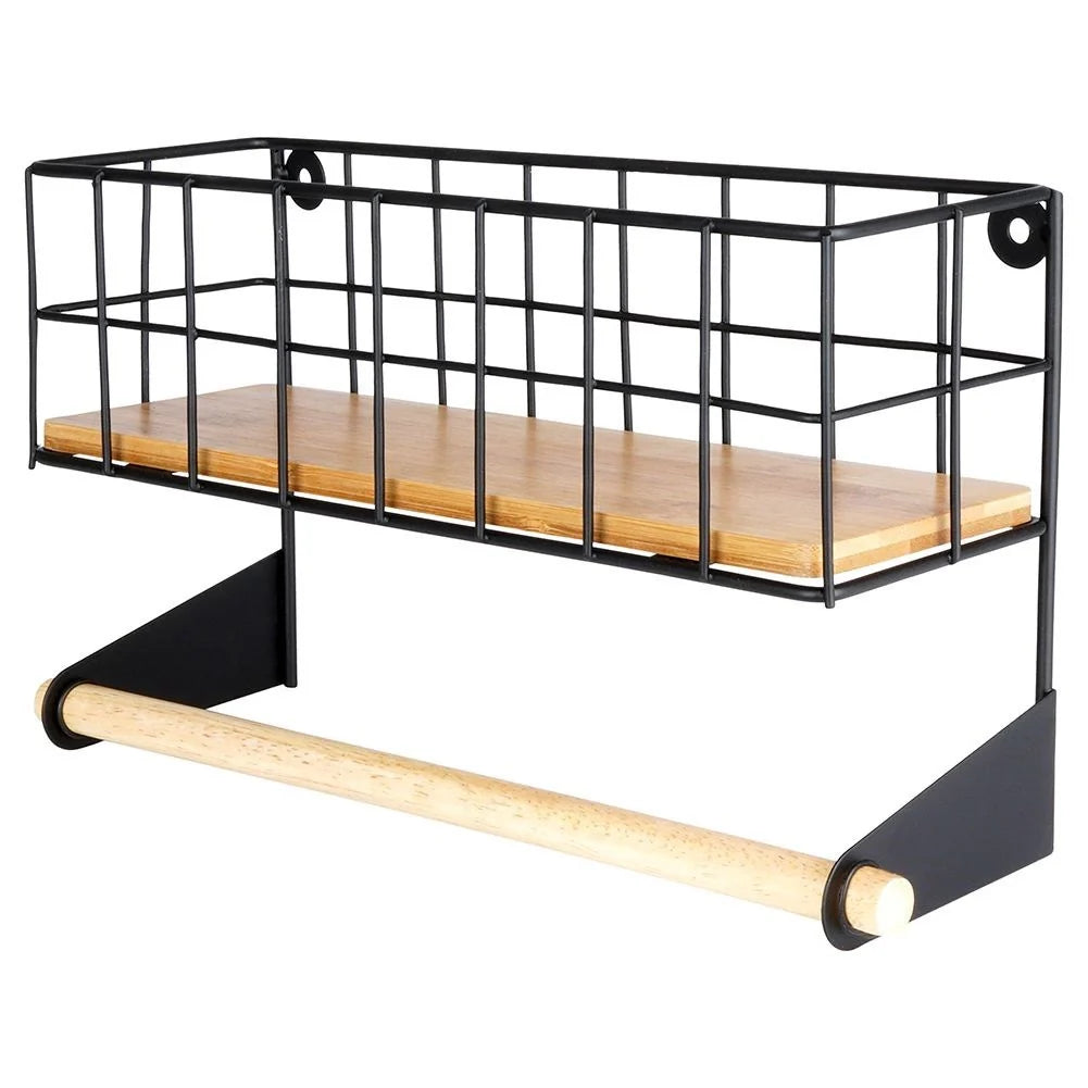 Prateleira em metal com suporte para toalhas e porta-temperos.
