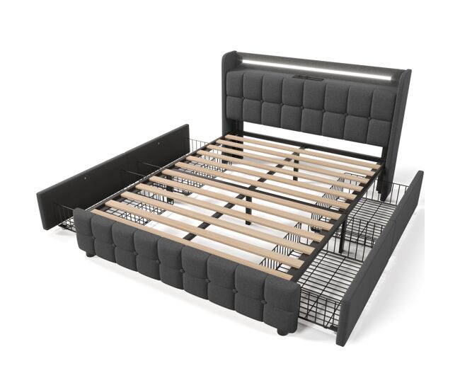 Cama estofada 140x200 cm - com carregador usb, cabeceira com iluminação led e 4 gavetas - cinza