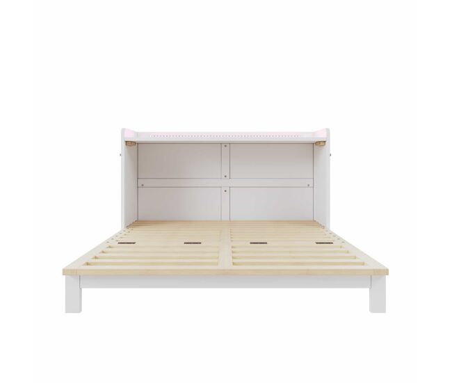 Cama rebatível 140x200 cm - gavetas inferiores, usb e tomada, led, plataforma convertível, sem colchão, branco