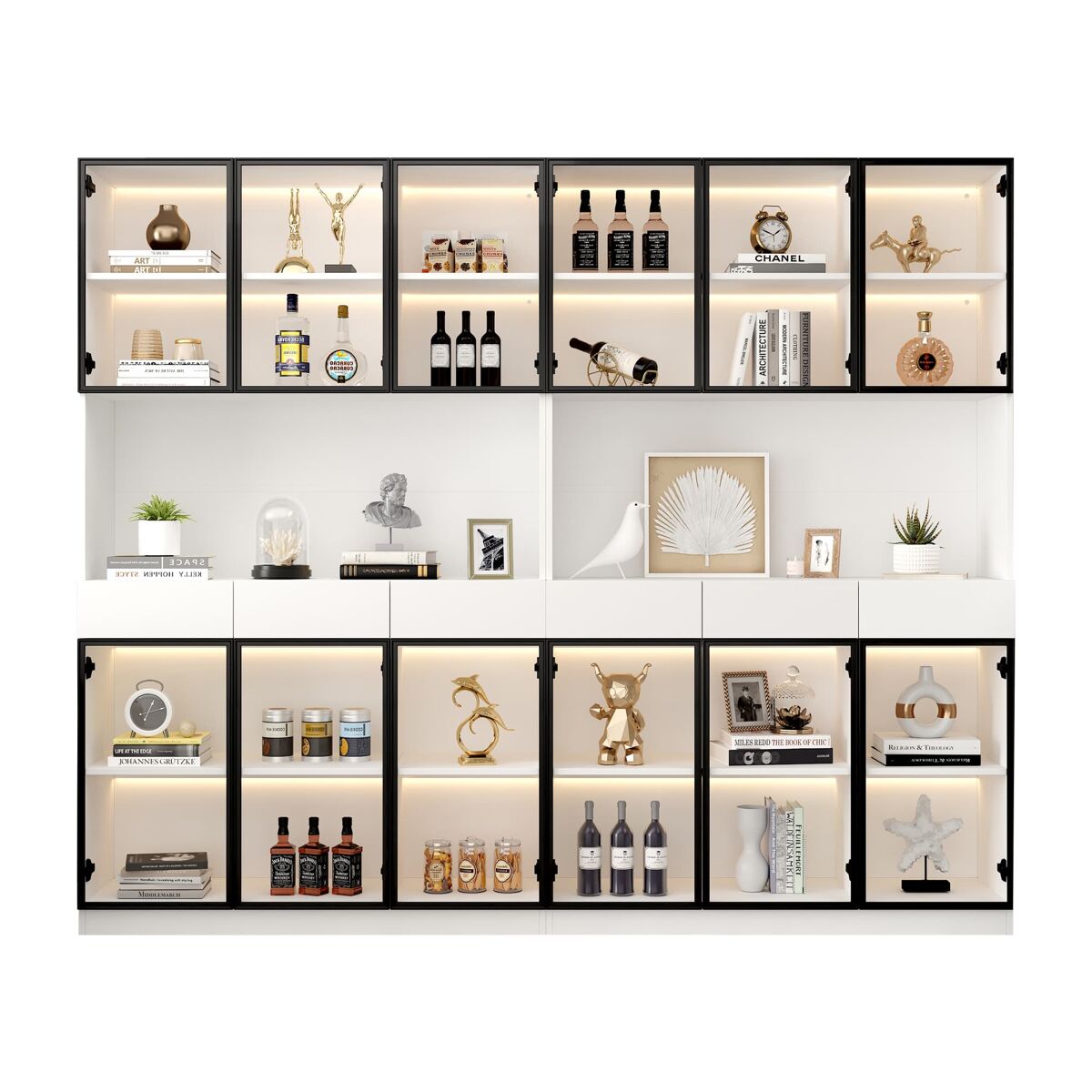 Vitrine de vidro 200 cm - com luzes led, étagère multiusos para coleção, blanche - moldura da porta noire