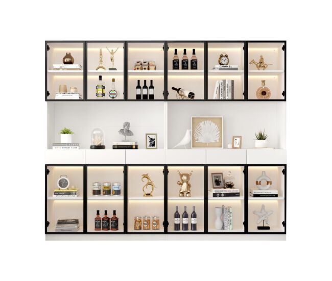 Vitrine de vidro 200 cm - com luzes led, étagère multiusos para coleção, blanche - moldura da porta noire