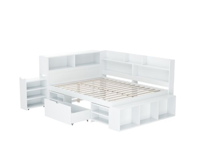 Cama infantil 140x190 cm - multifuncional com gavetas e prateleiras - branco