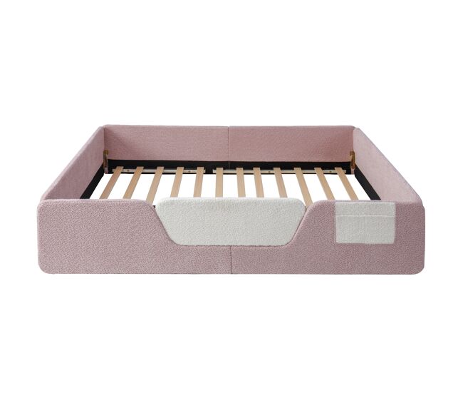 Cama estofada, 140x190 cm - barreiras removíveis, bolso lateral, veludo único - rosa
