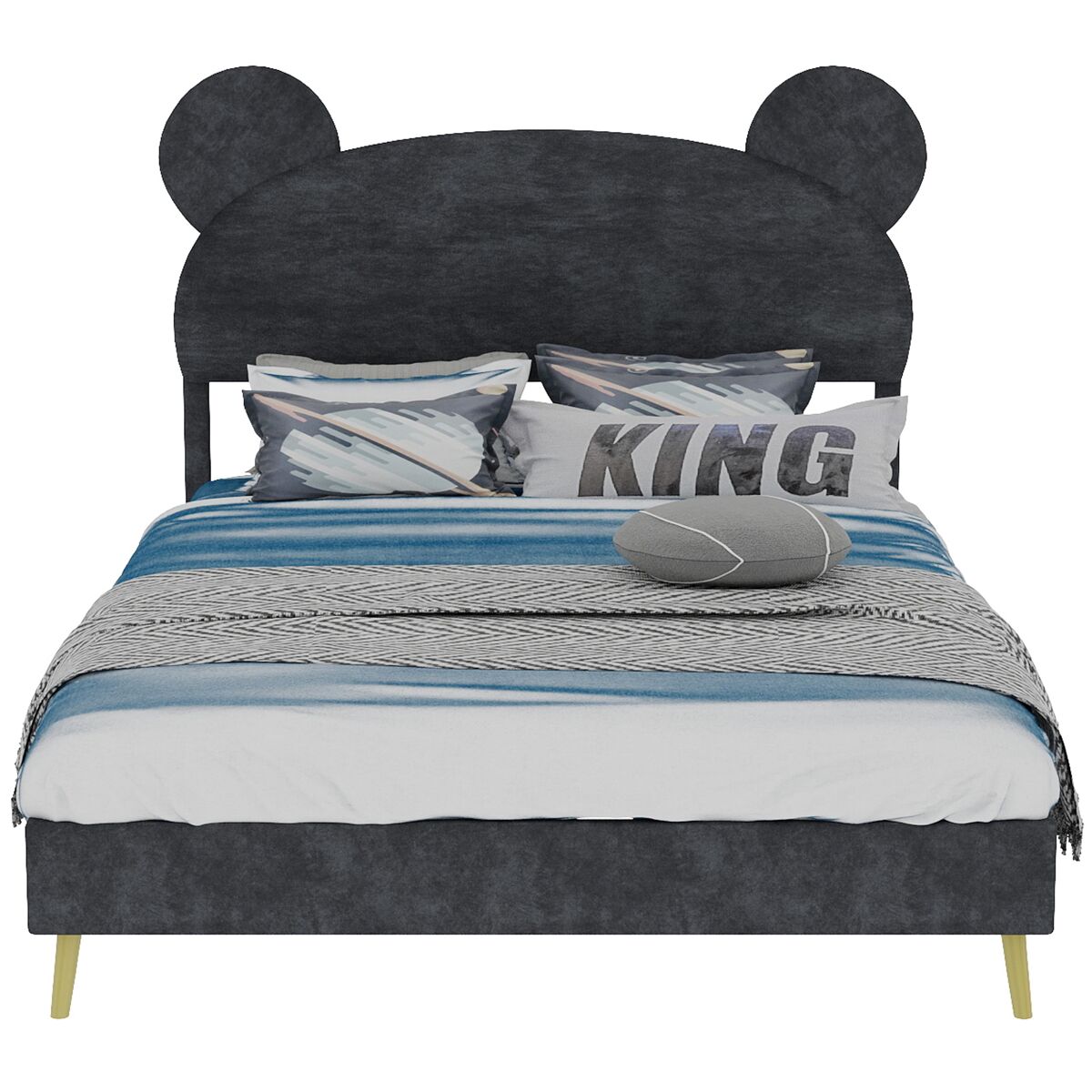 Cama infantil estofada 140x200 - cabeceira macia com desenhos, base baixa sem arrumação - cinza