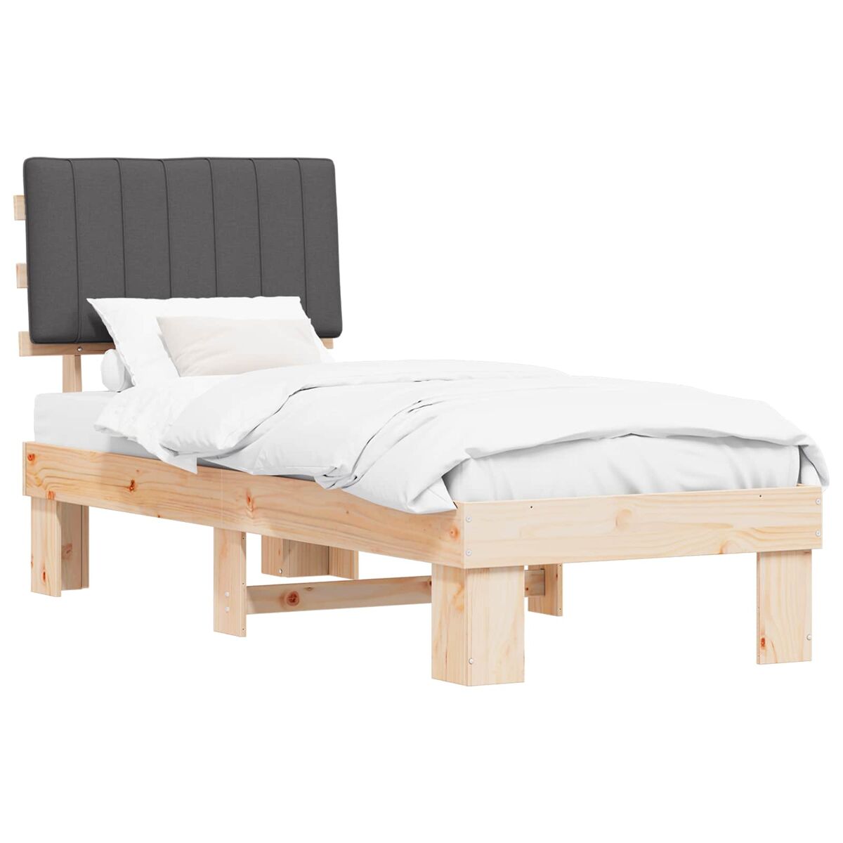 Estrutura de cama de solteiro para adultos com cabeceira estofada cinza escuro