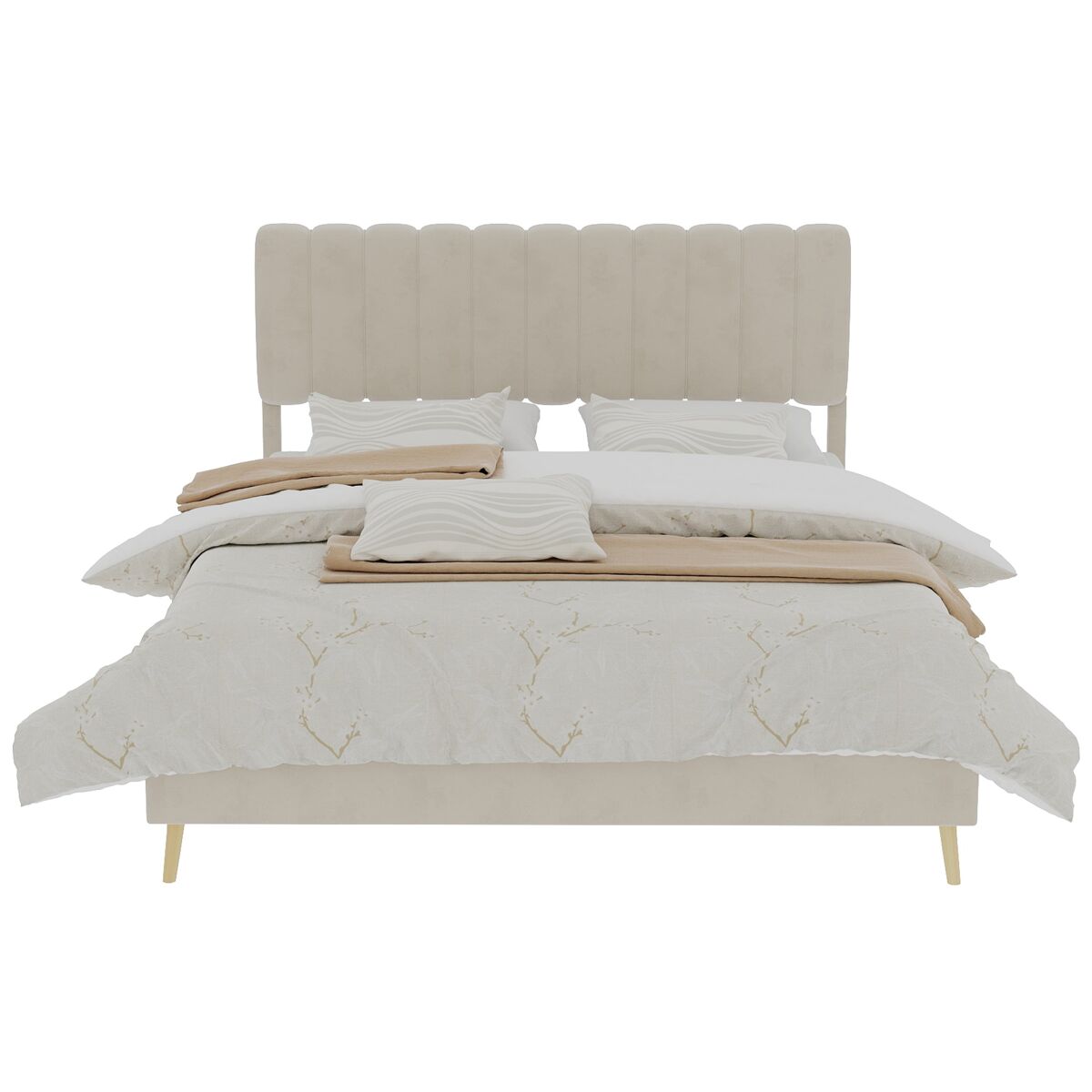 Cama estofada 160x200 - cabeceira acolchoada, base baixa sem arrumação - bege