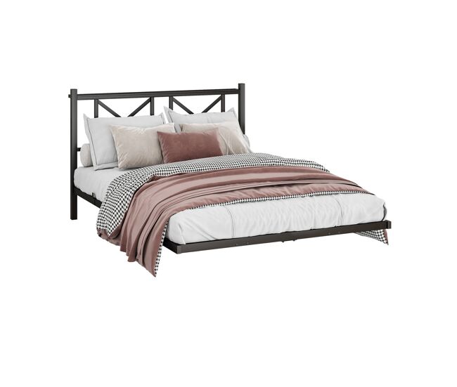 Cama de casal 140x200 cm - estrutura metálica led com cabeceira e estação de carregamento - preto