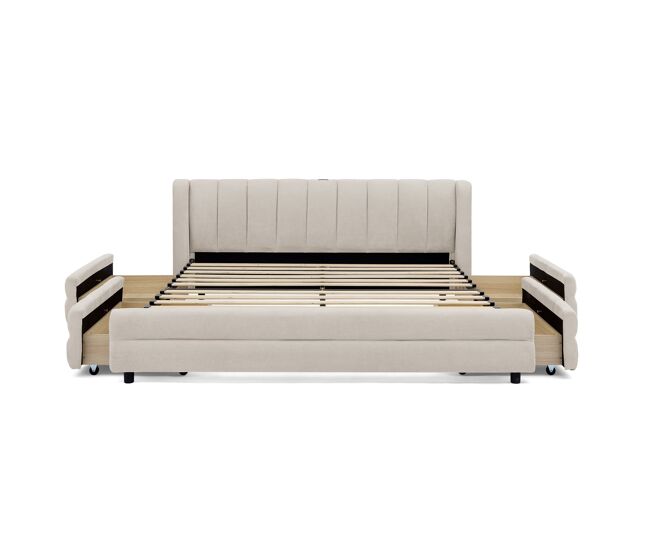 Cama de casal 140x200 cm - arrumação lateral, porta usb, chenille ergonómica - bege