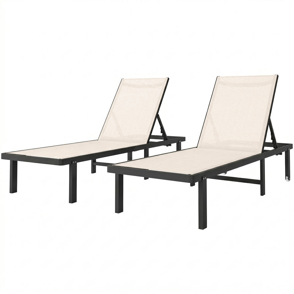 Outsunny conjunto de 2 espreguiçadeiras de jardim, espreguiçadeiras reclináveis com rodas, encosto ajustável com 4 níveis, estrutura de alumínio e tecido textilene, resistentes, para praia e piscina, bege