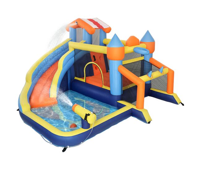 Aiyaplay castelo insuflável aquático 8 em 1 com soprador 550w para crianças – tobogã extra longo seco/molhado, zona de saltos, escalada, piscina,