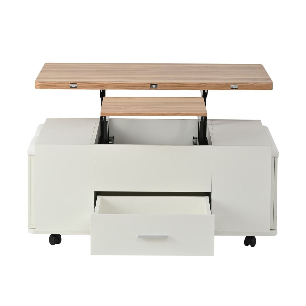 Mesa de centro ajustável - multifuncional 4 em 1, com gavetas e 4 bancos - blanc + madeira natural
