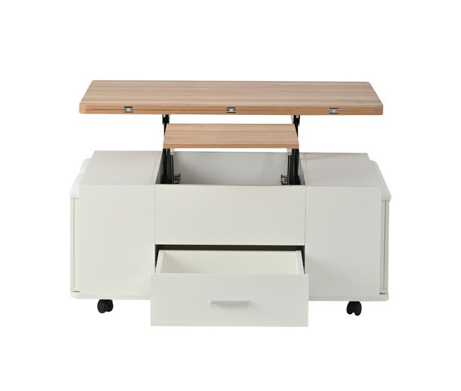 Mesa de centro ajustável - multifuncional 4 em 1, com gavetas e 4 bancos - blanc + madeira natural
