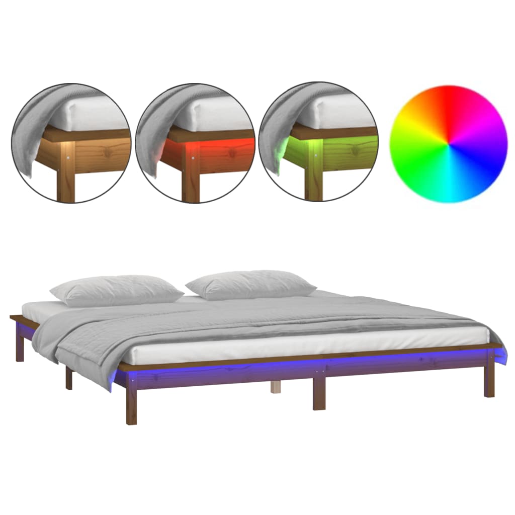 Estrutura de cama de casal simple c/ led 140x190 cm madeira maciça castanho-mel