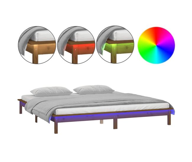 Estrutura de cama de casal simple c/ led 140x190 cm madeira maciça castanho-mel