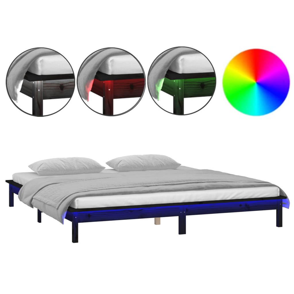Estrutura de cama de casal simple c/ led 140x190 cm madeira maciça preto