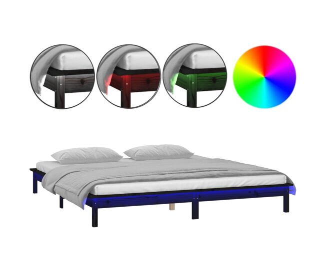 Estrutura de cama de casal simple c/ led 140x190 cm madeira maciça preto