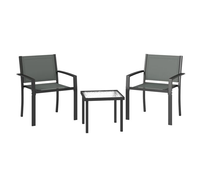 Outsunny conjunto de mesa e cadeiras de terraço com 3 peças móveis de jardim com 2 cadeiras de textilene e mesa de vidro temperado para pátio varanda