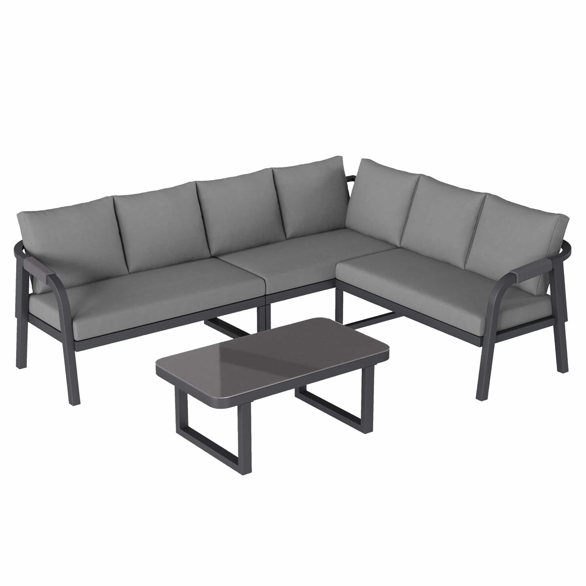 Conjunto de jardim para 6 pessoas - sofá de canto com encosto e braços trançados, estrutura em aço galvanizado, inclui mesa de centro - cinzento