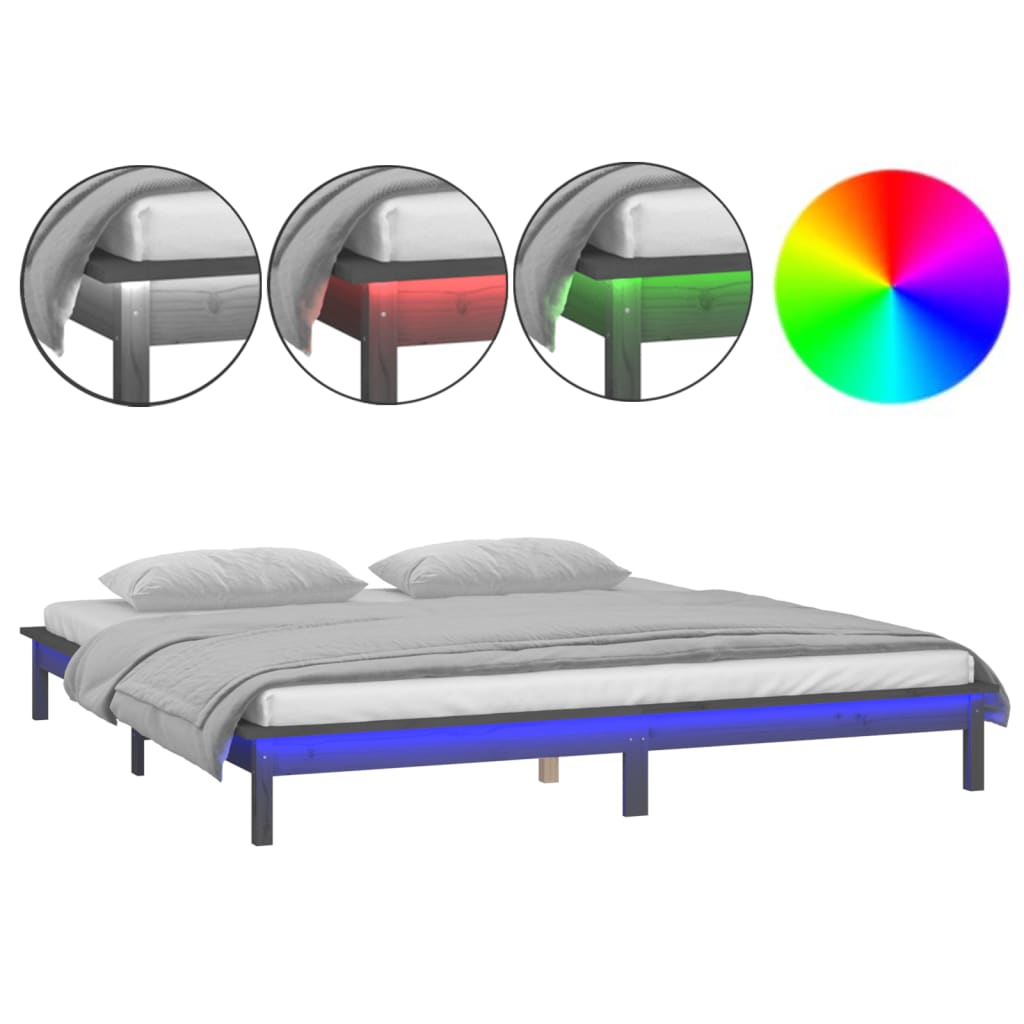 Estrutura de cama de casal simple c/ led 140x190 cm madeira maciça cinzento