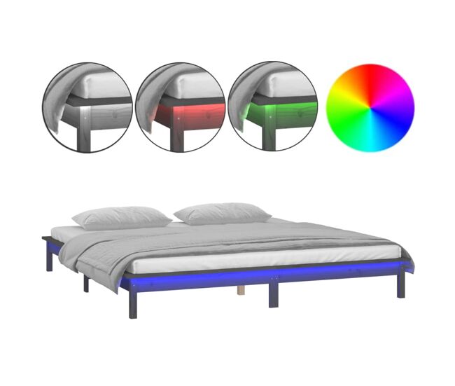 Estrutura de cama de casal simple c/ led 140x190 cm madeira maciça cinzento