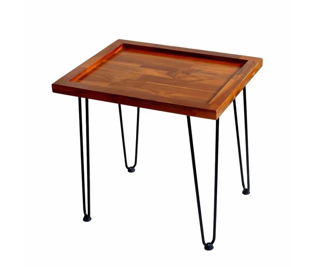 Mesa de chá grande - madeira de mogno com padrão de folhas, pés em ferro lacado - cor natural da madeira