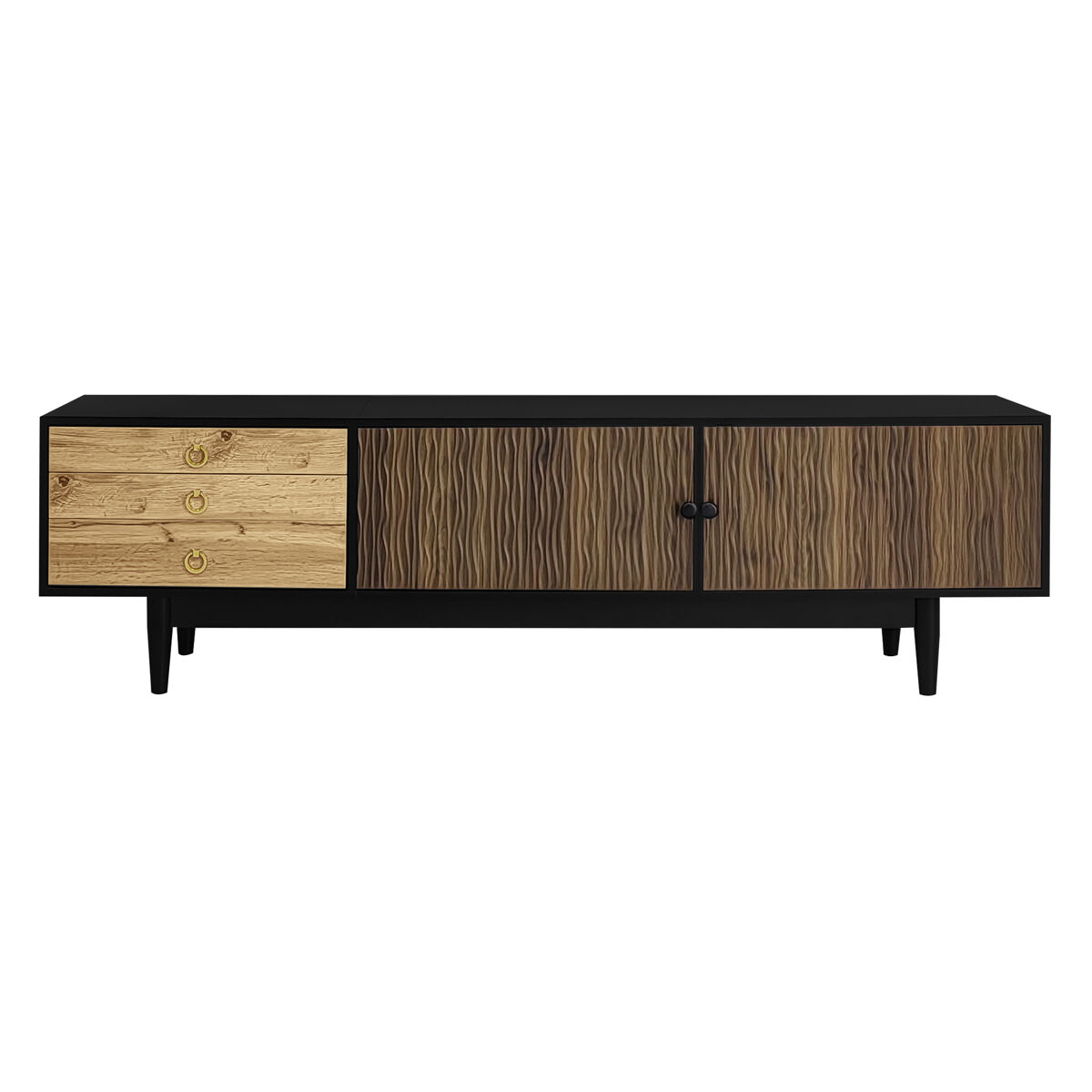 Móvel de tv - características de portas com design ondulado e 3 gavetas - preto e natural