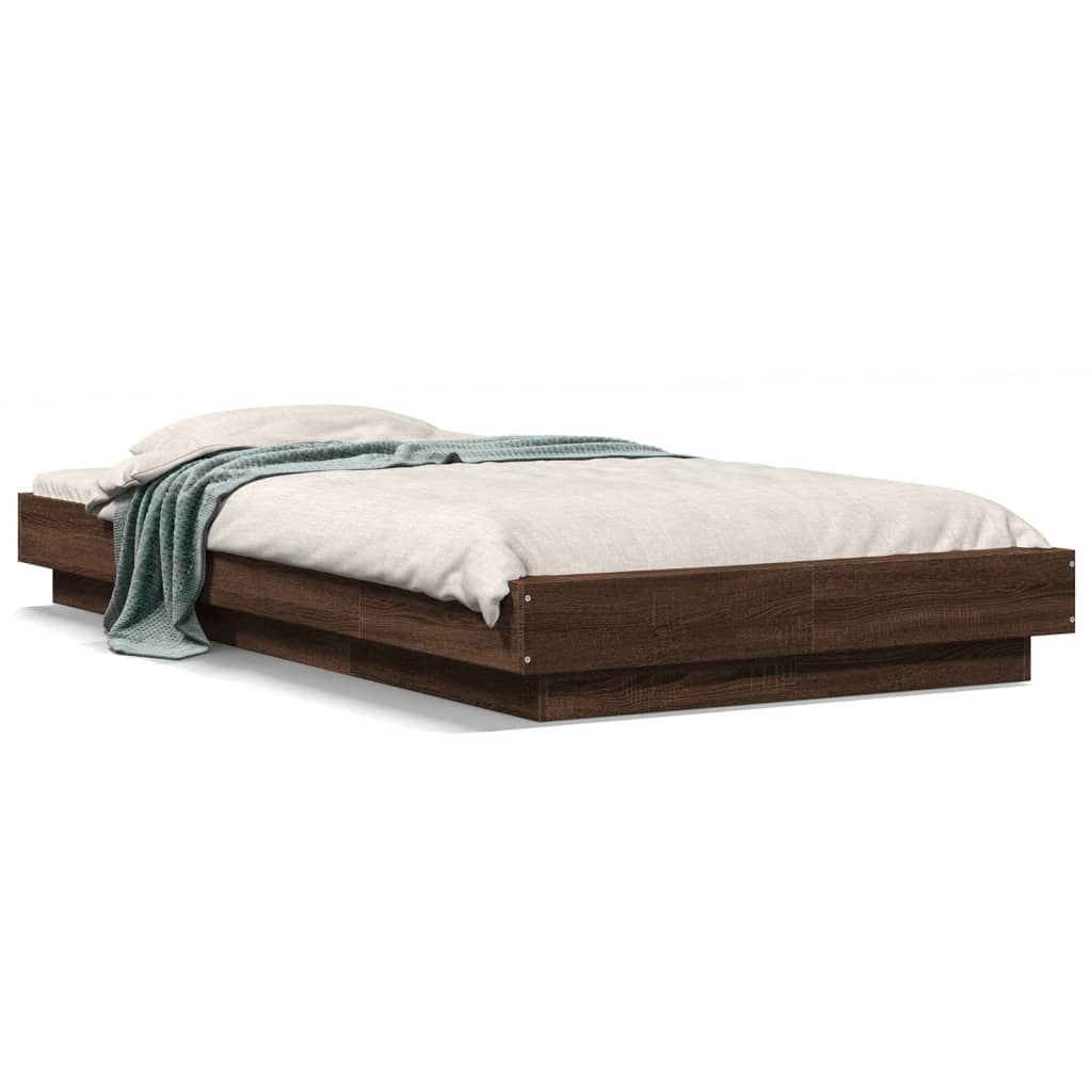 Estrutura de cama de solteiro para adultos c/ luzes led derivados madeira carvalho castanho