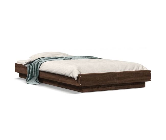 Estrutura de cama de solteiro para adultos c/ luzes led derivados madeira carvalho castanho