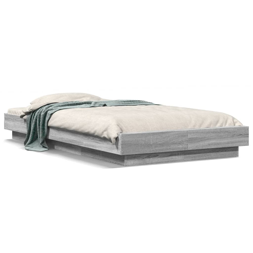 Estrutura de cama de solteiro para adultos c/ luzes led derivados madeira cinzento sonoma