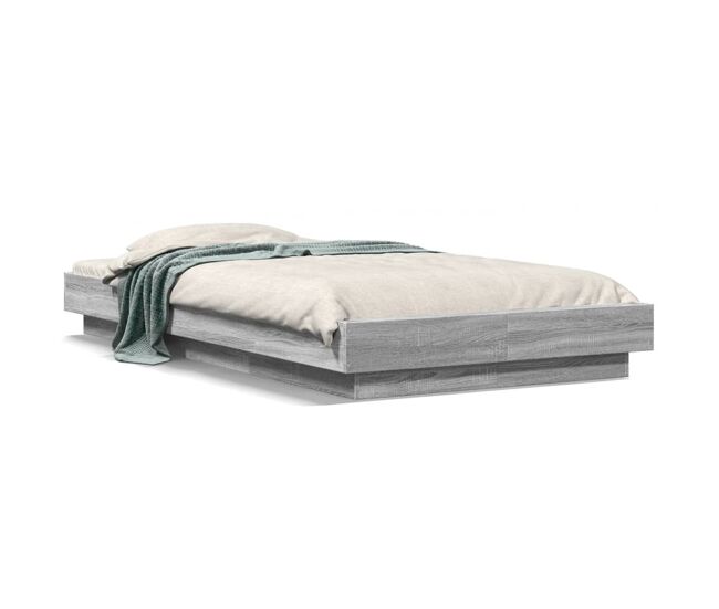 Estrutura de cama de solteiro para adultos c/ luzes led derivados madeira cinzento sonoma