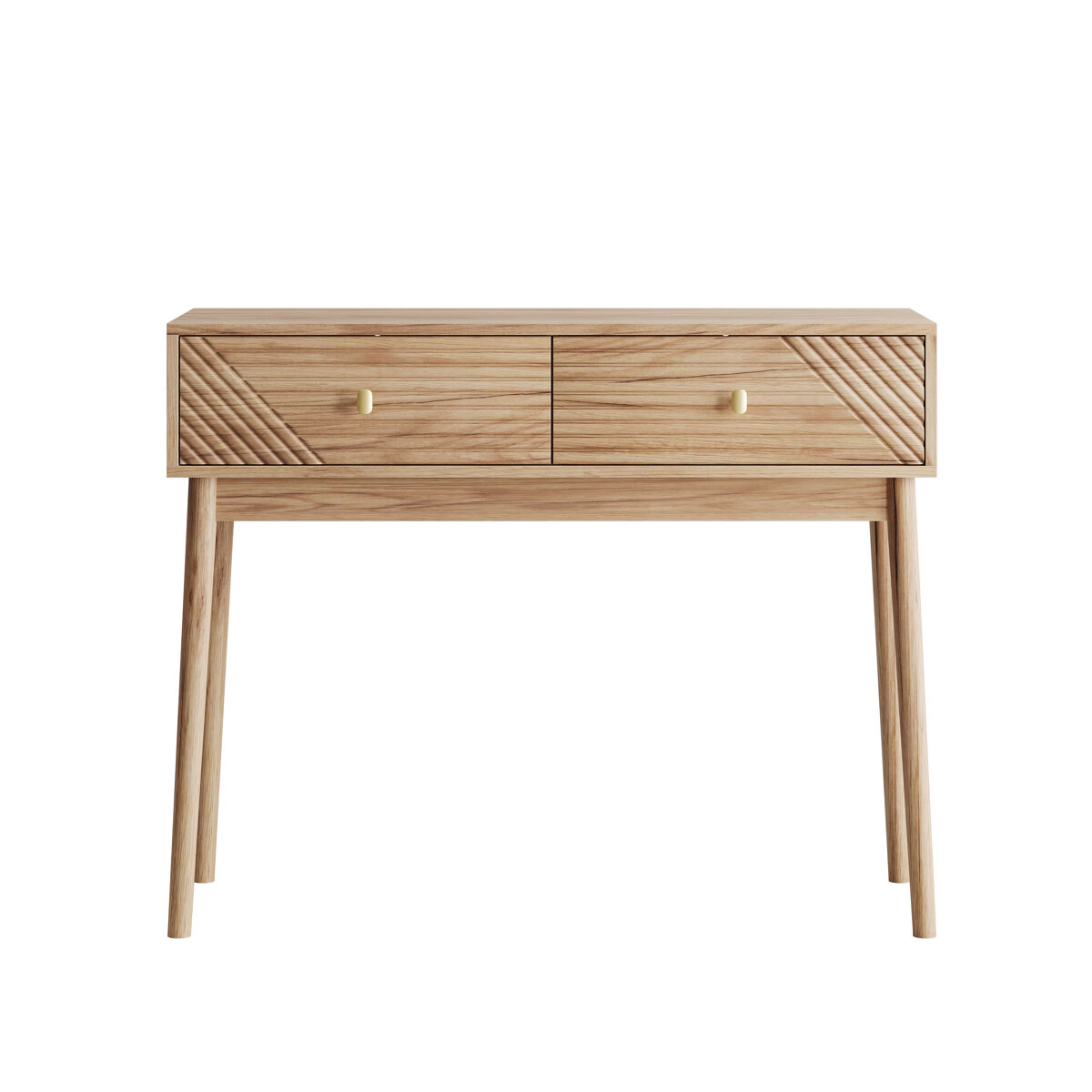 Secretária / consola - estilo mid-century, com gavetas e prateleiras abertas - carvalho