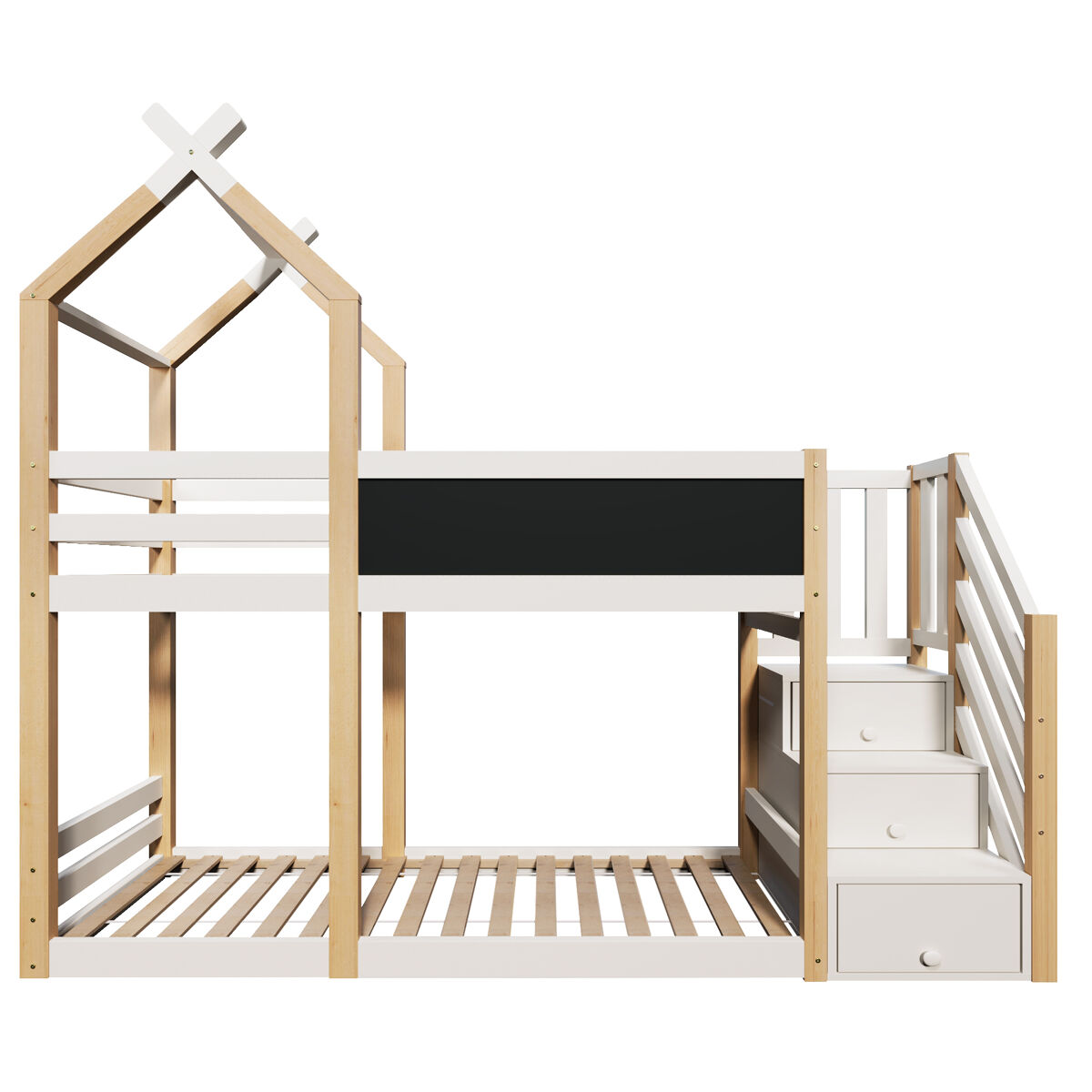 Beliche 90x200 - design de casa na árvore, com quadro negro, arrumação e proteção contra quedas - natural e branco