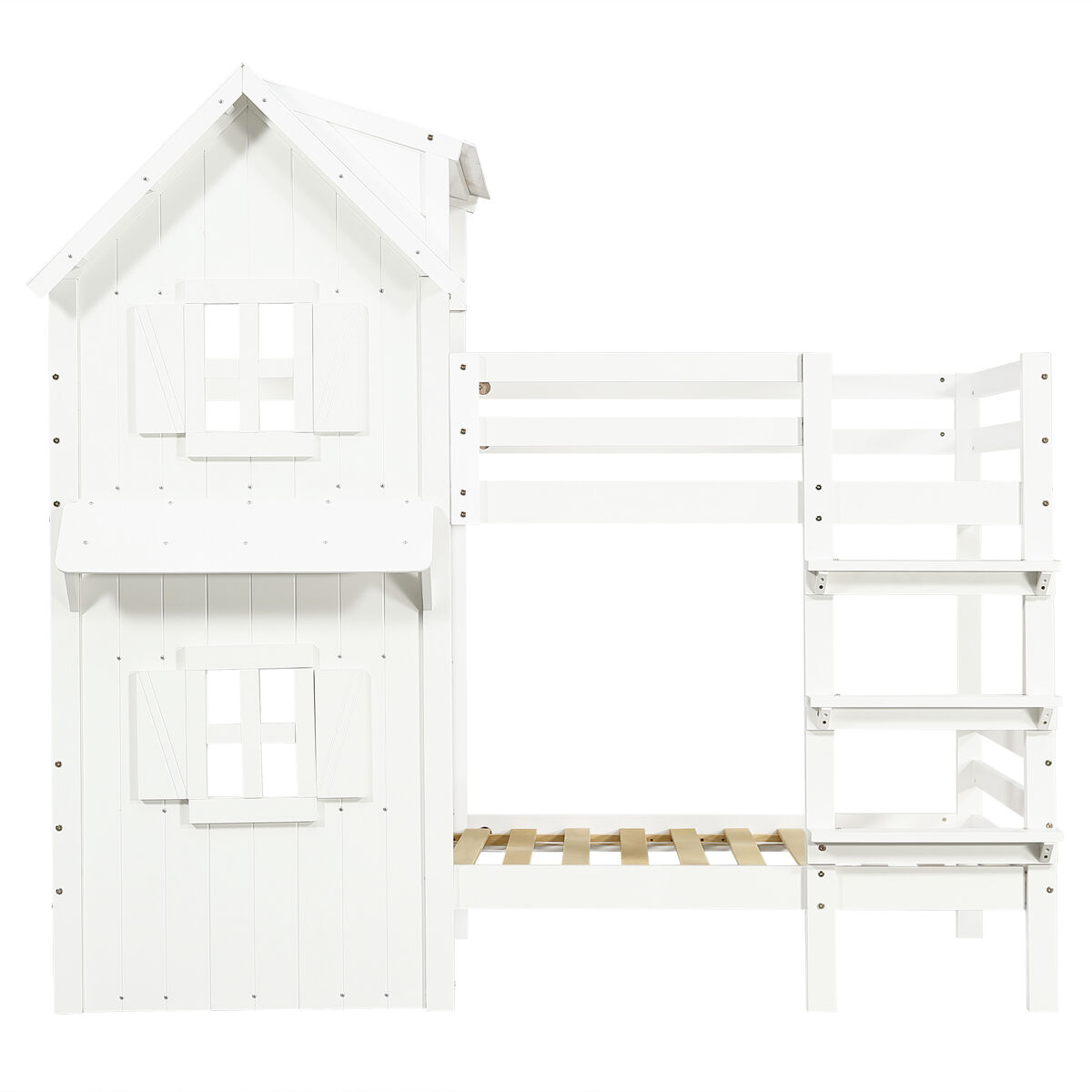 Beliche 90x200 cm - janelas decorativas, grades laterais, escada com 3 degraus - branco