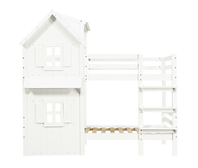 Beliche 90x200 cm - janelas decorativas, grades laterais, escada com 3 degraus - branco