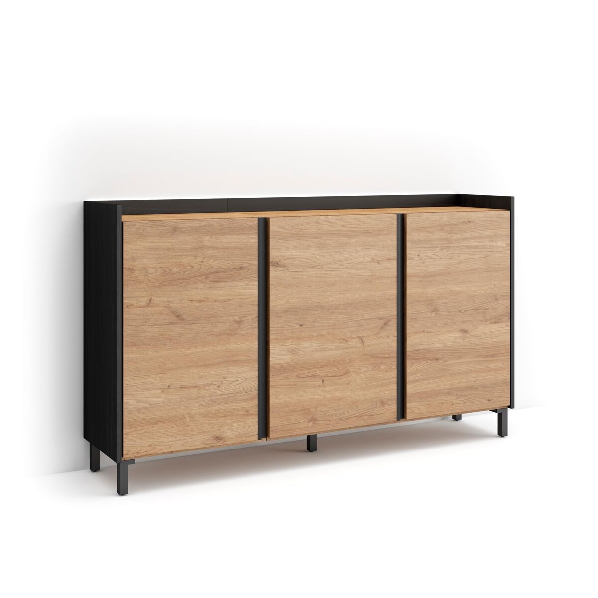 Aparador sala de jantar, sala, cozinha, entrada, tv, 156x35x91cm, 3 portas, design industrial, led, estilo moderno, carvalho e preto